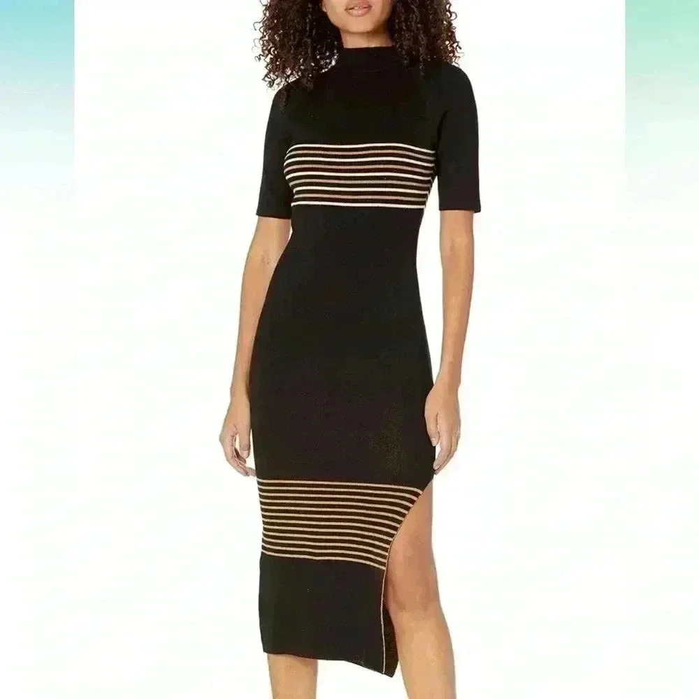 Monrow Women's Hd0502-1-supersoft Sweater Knit Stripe Mock Neck Dress‎